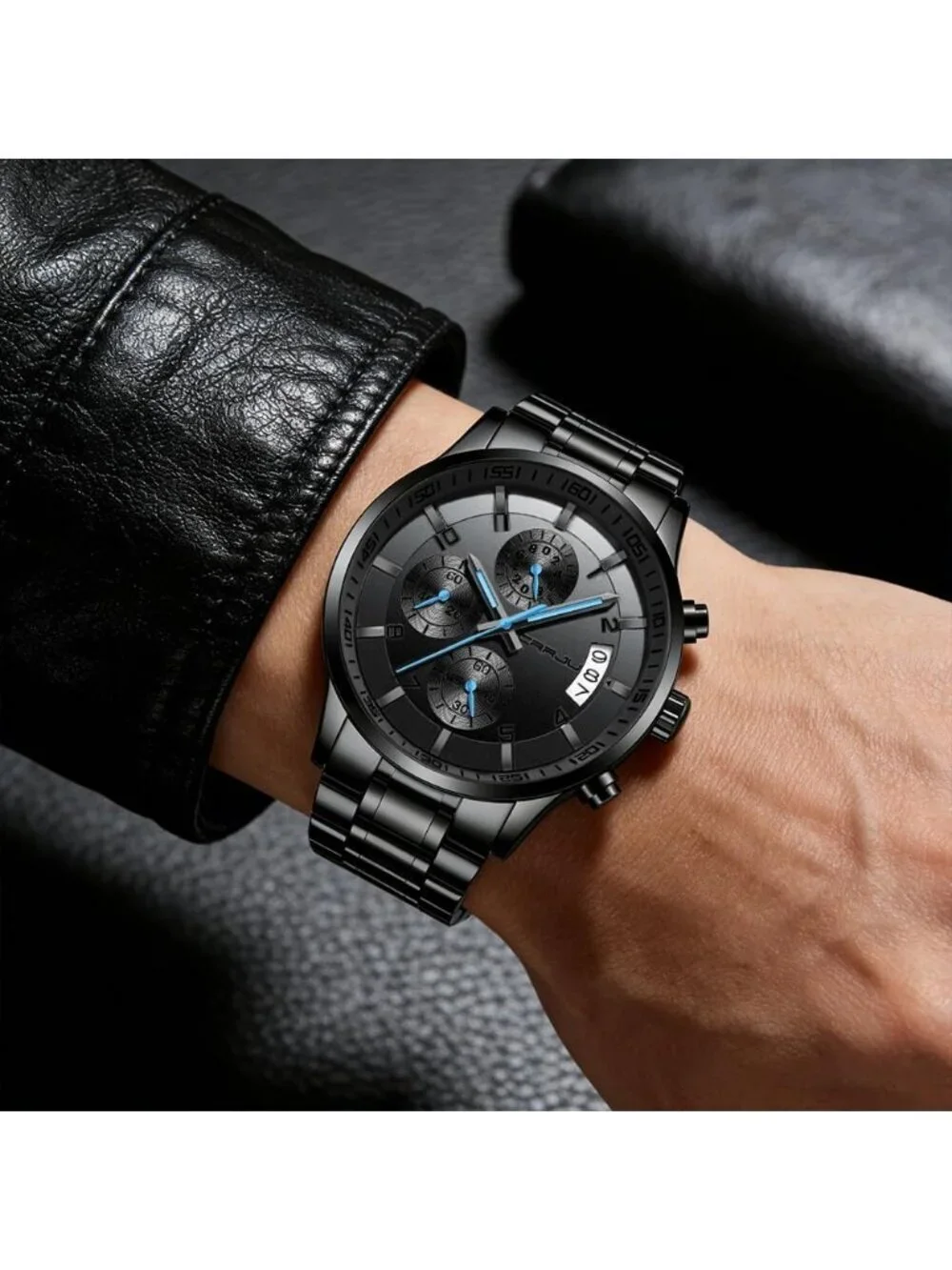 Men's Black And Blue Analog Stainless Steel Waterproof Chronograph Wrist Watch